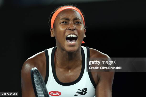 Coco Gauff of the United States celebrates match point in their round two singles match against Emma Raducanu of Great Britain during day three of...