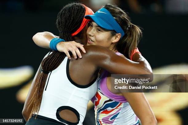 Coco Gauff of the United States embraces Emma Raducanu of Great Britain after winning their round two singles match during day three of the 2023...
