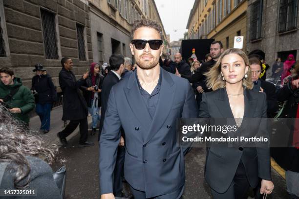 English actor Theo James and English actress Ruth Kearney guests at fashion show of Giorgio Armani during the mens fashion week. Milan , January...