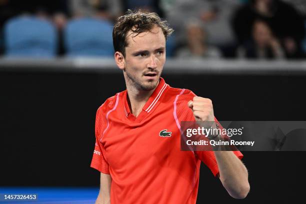 Daniil Medvedev reacts in their round two singles match against John Millman of Australia during day three of the 2023 Australian Open at Melbourne...