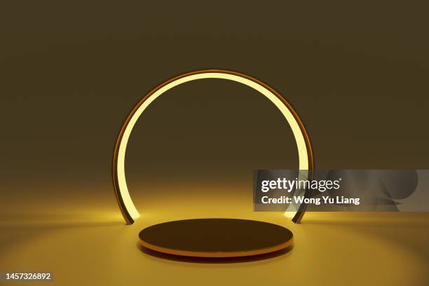 gold podium with golden lights  and copyspace ,3d render - gold circle 3d stock pictures, royalty-free photos & images