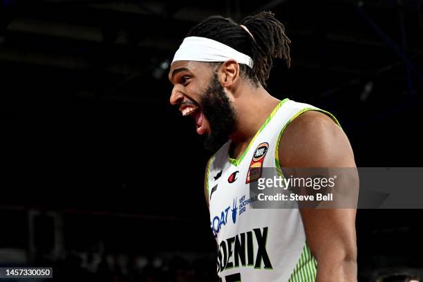 Alan Williams of the Phoenix celebrates the wi during the round 16 NBL match between Tasmania Jackjumpers and South East Melbourne Phoenix at...
