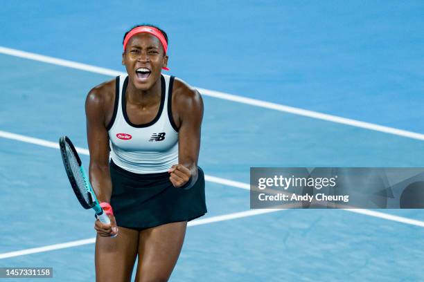 Coco Gauff of the United States celebrates victory in the round two singles match against Emma Raducanu of Great Britain during day three of the 2023...