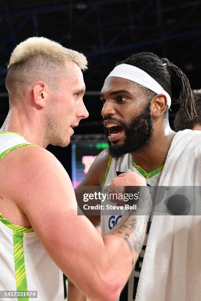 Alan Williams and Mitchell Creek of the Phoenix celebrate the win during the round 16 NBL match between Tasmania Jackjumpers and South East Melbourne...