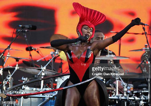 Singer Grace Jones performs on stage during the Diamond Jubilee concert at Buckingham Palace on June 4, 2012 in London, England. For only the second...