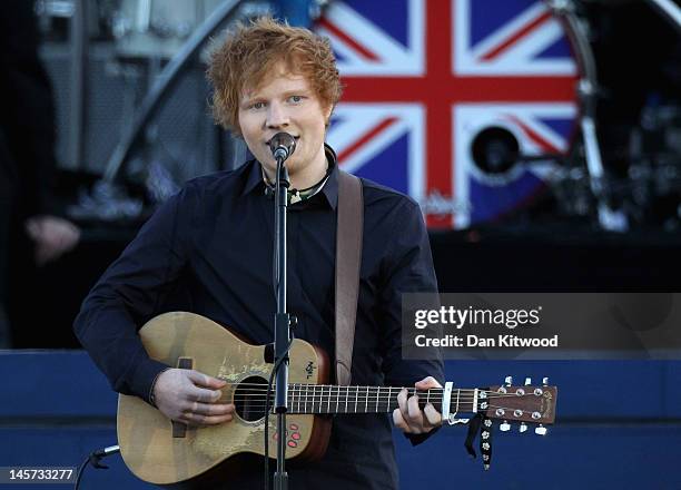 Singer Ed Sheeran performs on stage during the Diamond Jubilee concert at Buckingham Palace on June 4, 2012 in London, England. For only the second...