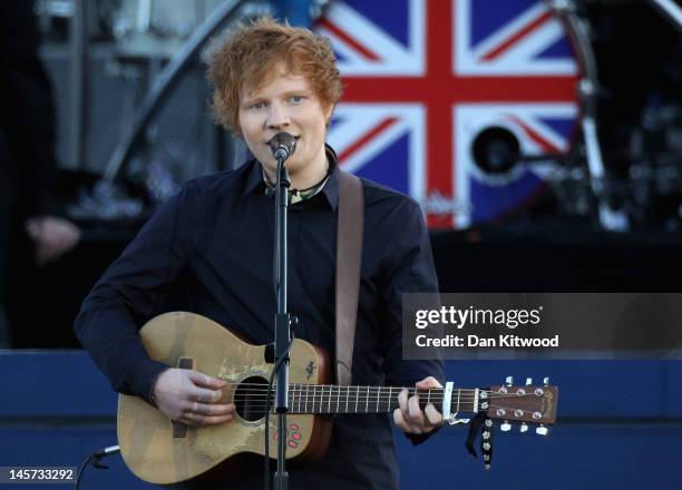 Singer Ed Sheeran performs on stage during the Diamond Jubilee concert at Buckingham Palace on June 4, 2012 in London, England. For only the second...