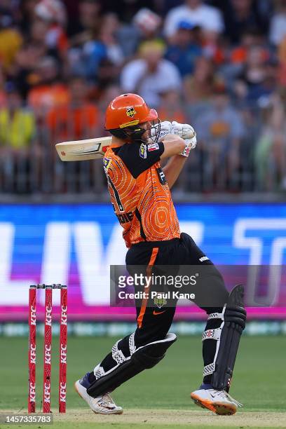 Aaron Hardie of the Scorchers bats during the Men's Big Bash League match between the Perth Scorchers and the Hobart Hurricanes at Optus Stadium, on...