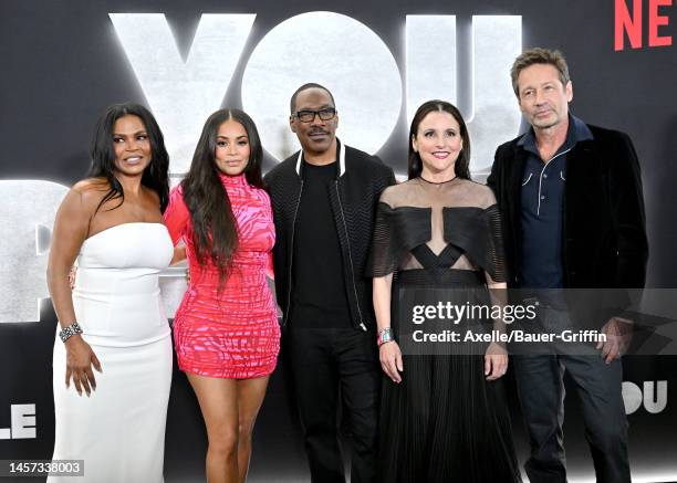 Nia Long, Lauren London, Eddie Murphy, Julia Louis-Dreyfus, and David Duchovny attend the Los Angeles Premiere of Netflix's "You People" at Regency...