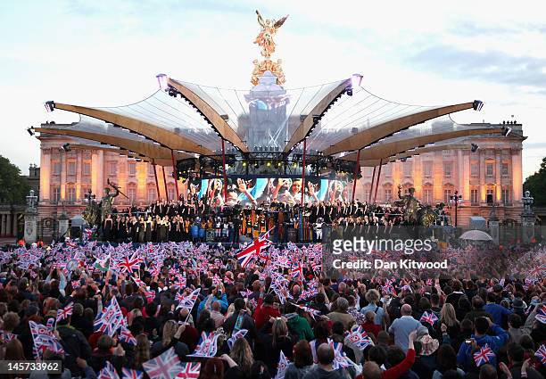 Gary Barlow and the Commonwealth band perform on stage during the Diamond Jubilee concert at Buckingham Palace on June 4, 2012 in London, England....