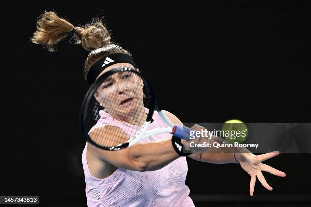 Karolina Muchova of the Czech Republic plays a forehand in their round one singles match against Danielle Collins of the United States during day...
