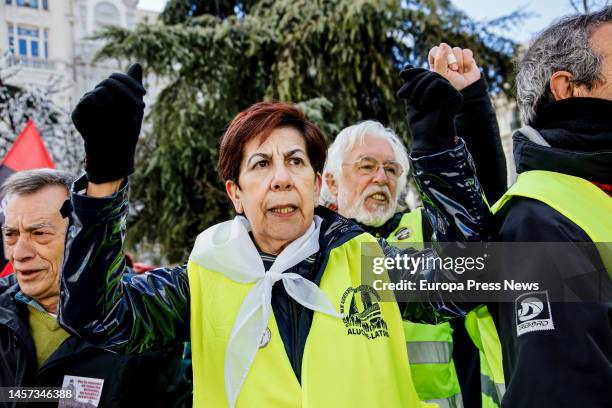 Several people demonstrate for the improvement of the public pension system in front of the Congress of Deputies, on 18 January, 2023 in Madrid,...