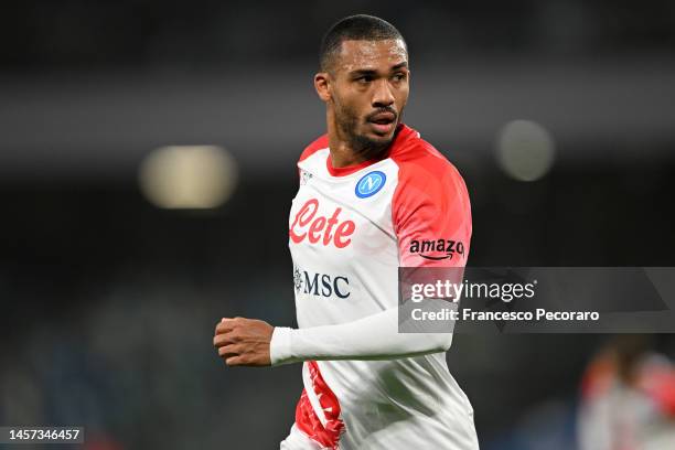 Juan Jesus of SSC Napoli during the Coppa Italia match between SSC Napoli and US Cremonese at Stadio Diego Armando Maradona on January 17, 2023 in...