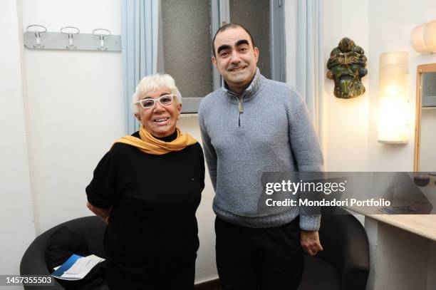 Italian singer-songwriter Elio and Italian director Lina Wertmuller in the dressing room before the Gian Burrasca theater show at the Olimpico...