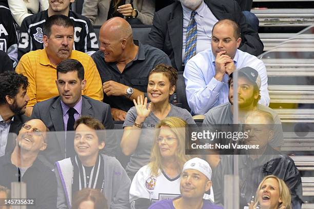 Alyssa Milano and her husband David Bugliari attend game three of the 2012 Stanley Cup Final between the Los Angeles Kings and the New Jersey Devils...