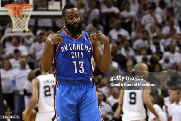 James Harden of the Oklahoma City Thunder hitting a three point late in the fourth quarter against the San Antonio Spurs in Game Five of the Western...