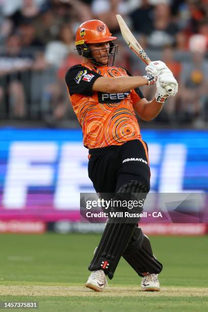Aaron Hardie of the Scorchers bats during the Men's Big Bash League match between the Perth Scorchers and the Hobart Hurricanes at Optus Stadium, on...
