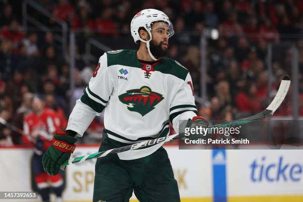 Jordan Greenway of the Minnesota Wild skates against the Washington Capitals during the first period at Capital One Arena on January 17, 2023 in...