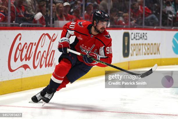 Marcus Johansson of the Washington Capitals skates against the Minnesota Wild during the second period at Capital One Arena on January 17, 2023 in...