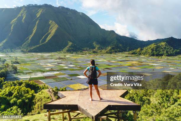 panoramic view of unrecognizable backpacker woman at lookout view of mountain in lombok island - mount rinjani fotografías e imágenes de stock