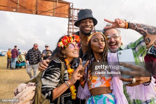 festival group photo with friends - festival stockfoto's en -beelden