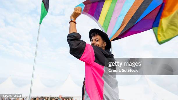 waving the festival flag - trots stockfoto's en -beelden