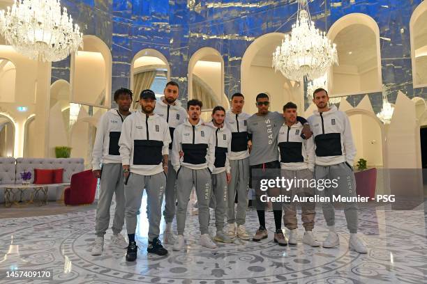 Timothee Pembele, Neymar Jr, Gianluigi Donnarumma, Vitinha, Ilyes Housni, Hugo Ekitike, Presnel Kimpembe, Juan Bernat and Fabian Ruiz pose in the...