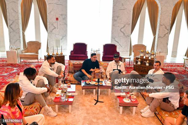 Timothee Pembele, Gianluigi Donnarumma, Neymar Jr, Fabian Ruiz and Juan Bernat test Qatari meals at the Raffles Hotel during the Paris Saint-Germain...