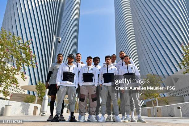 Presnel Kimpembe, Neymar Jr, Fabian Ruiz, Juan Bernat, Thimotee Pembele, Vitinha, Hugo Ekitike, Gianluigi Donnarumma and Ylies Housni pose in the...