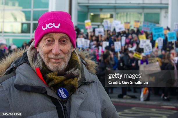 Author Michael Rosen joins striking Nurses on their march to Downing street on January 18, 2023 in London, United Kingdom. Members of the Royal...