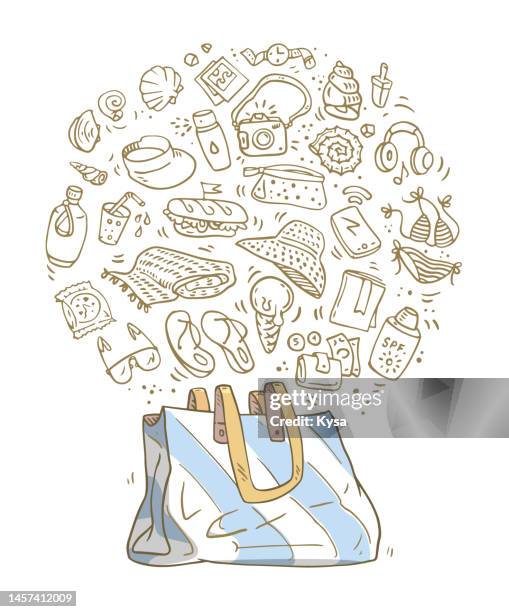 ilustraciones, imágenes clip art, dibujos animados e iconos de stock de boceto del conjunto de símbolos de la bolsa de playa - bolsa de playa