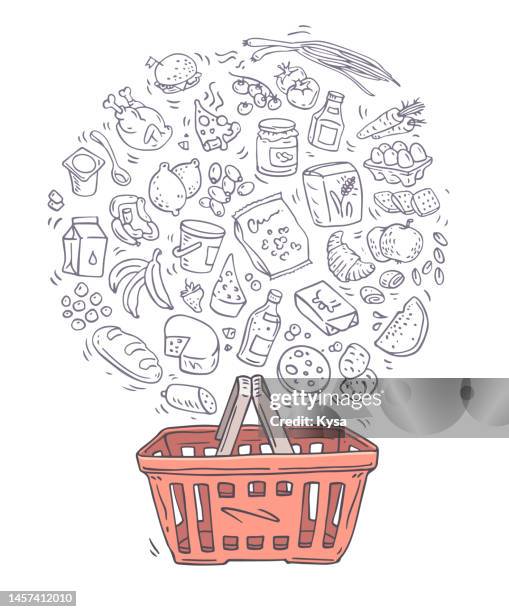 ilustrações, clipart, desenhos animados e ícones de esboço do conjunto de cesta de compras e mercearias - laticínio