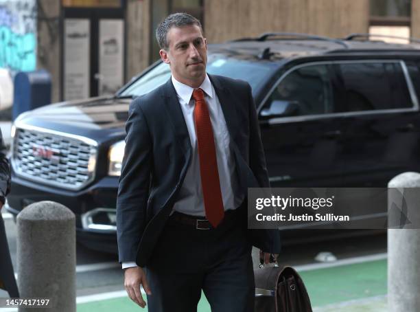 Alex Spiro, attorney for Elon Musk, arrives for the Elon Musk shareholder lawsuit trial at the Phillip Burton Federal Building on January 18, 2023 in...