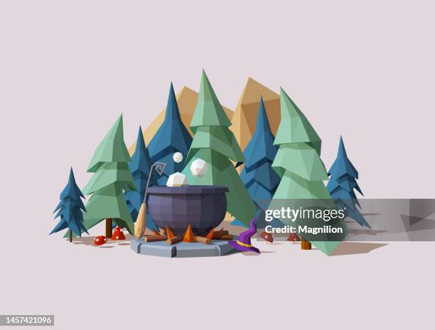 stockillustraties, clipart, cartoons en iconen met nature low poly landscape scene, witch's cauldron, fantasy theme - magier