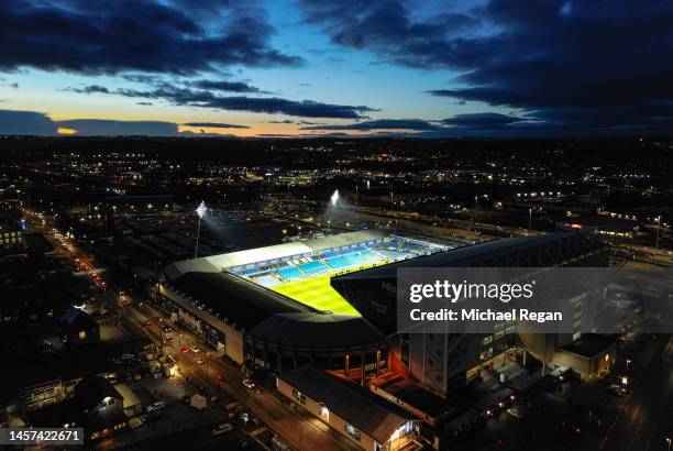 An aerial view of Elland Road prior to the Emirates FA Cup Third Round Replay match between Leeds United and Cardiff City at Elland Road on January...