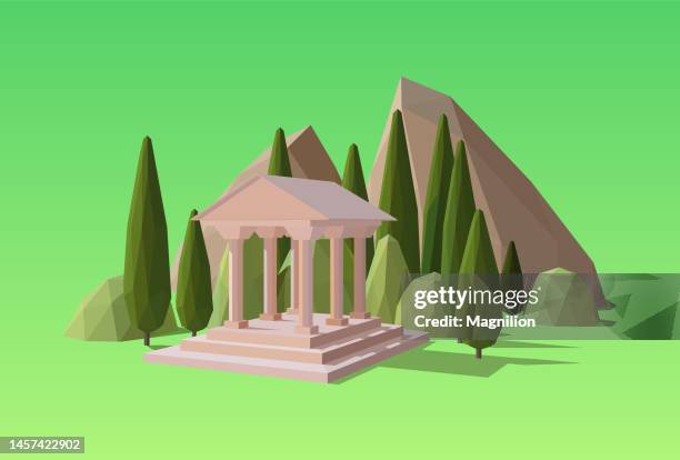 nature low poly landscape scene with trees and ancient architecture - polygon tree stock illustrations