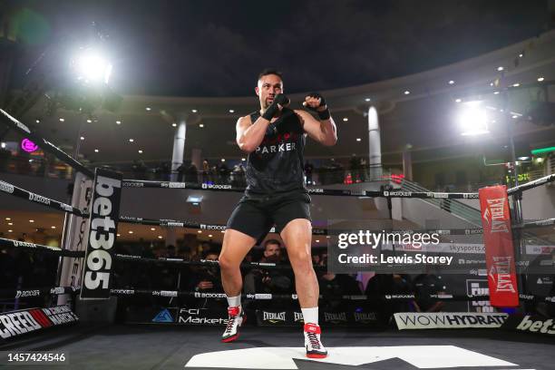 Joseph Parker shadow boxes during the Chris Eubank Jr v Liam Smith Media workout at The Trafford Centre on January 18, 2023 in Manchester, England.