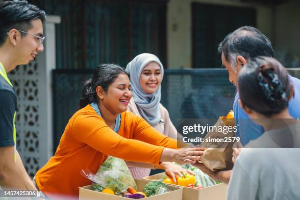 volunteers from multi-ethnic group provide free food to needy families and local community at outdoor food bank charity campaign - asian volunteer stock pictures, royalty-free photos & images