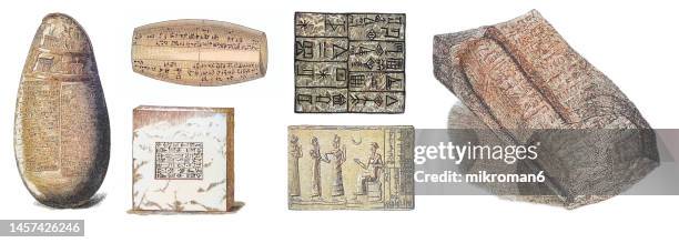 old engraved illustration of ancient babylonia hieroglyphs, ancient akkadian-speaking state and cultural area based in the city of babylon in central-southern mesopotamia - babylonia stock-fotos und bilder