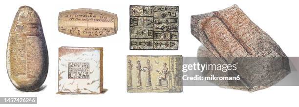 old engraved illustration of ancient babylonia hieroglyphs, ancient akkadian-speaking state and cultural area based in the city of babylon in central-southern mesopotamia - babylonia stock pictures, royalty-free photos & images