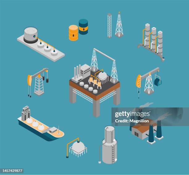 oil industry isometric vector set - oil pipeline truck stock illustrations