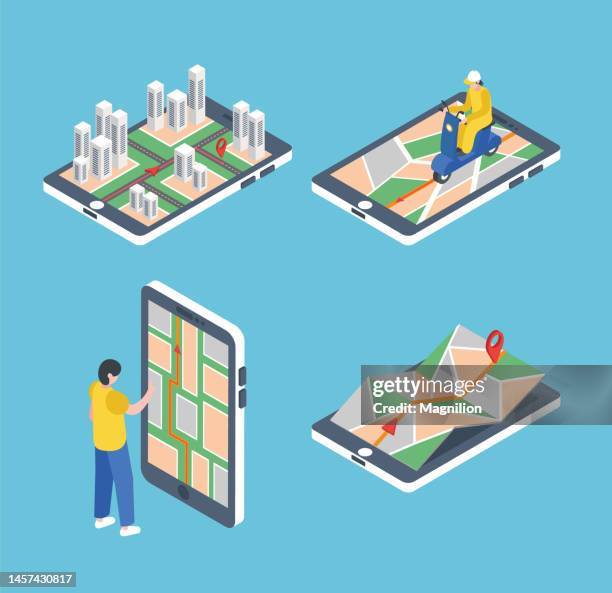 navigation 3d and mobile devices isometric vector - compass city stock illustrations