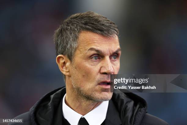 Paolo Maldini, Technical Director of AC Milan, looks on prior to the EA Sports Supercup match between AC Milan and FC Internazionale at King Fahd...