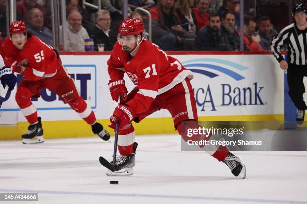 Dylan Larkin of the Detroit Red Wings skates against the Toronto Maple Leafs at Little Caesars Arena on January 12, 2023 in Detroit, Michigan.