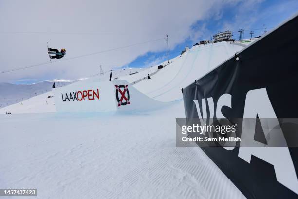 Seppe Smits of Belgium competes in the Mens Snowboard Slopestyle Qualification during the FIS Snowboard World Cup 2023 'Laax Open on 18th January,...