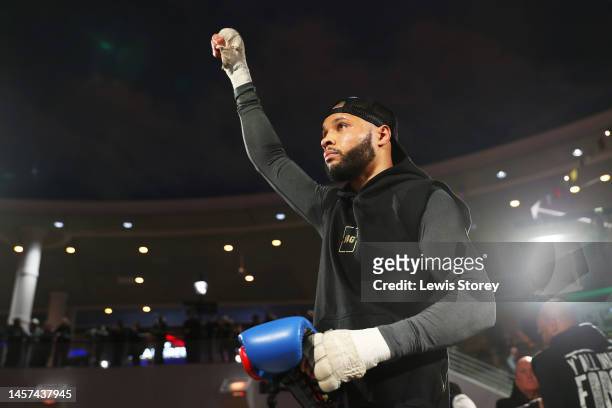 Chris Eubank Jr. Reacts during the Chris Eubank Jr v Liam Smith Media workout at The Trafford Centre on January 18, 2023 in Manchester, England.