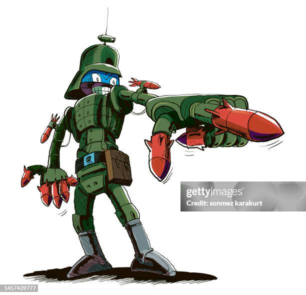 bildbanksillustrationer, clip art samt tecknat material och ikoner med helmeted android robot soldier - manipulator role