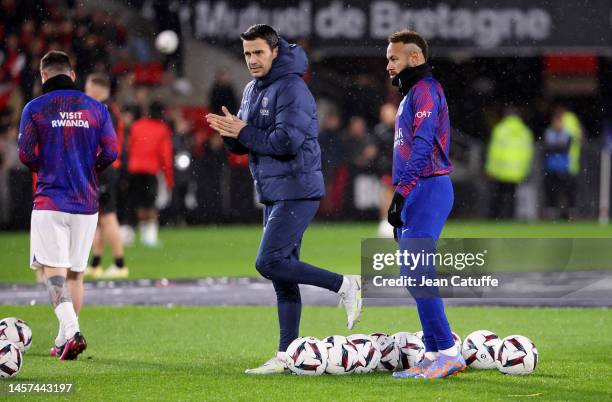 Assistant coach of PSG Joao Sacramento, Neymar Jr of PSG during the Ligue 1 match between Stade Rennais and Paris Saint-Germain at Roazhon Park...