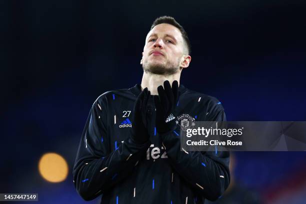 Wout Weghorst of Manchester United acknowledges the fans prior to the Premier League match between Crystal Palace and Manchester United at Selhurst...