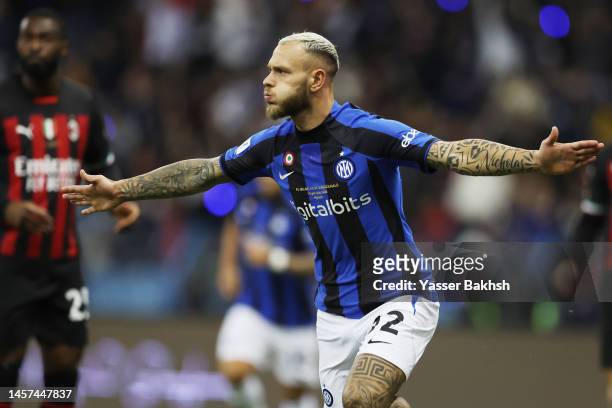Federico Dimarco of FC Internazionale celebrates after scoring the team's first goal during the EA Sports Supercup match between AC Milan and FC...
